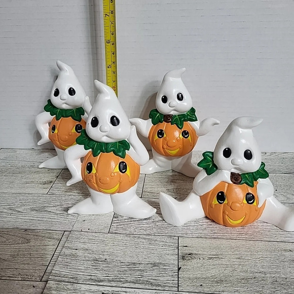 Spooky Ceramic Set of 4 Pumpkin Ghosts Nostalgic Halloween Decor  Handpainted 5" - Picture 7 of 7